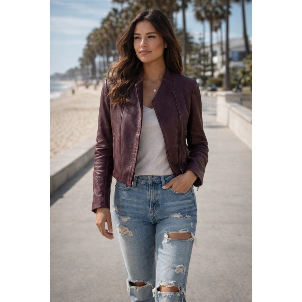 VINCE‎ LAMB LEATHER MOTO Burgundy Jacket Womens Medium